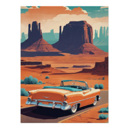 Pôster Vintage Orange Convertible Desert Road Trip Art