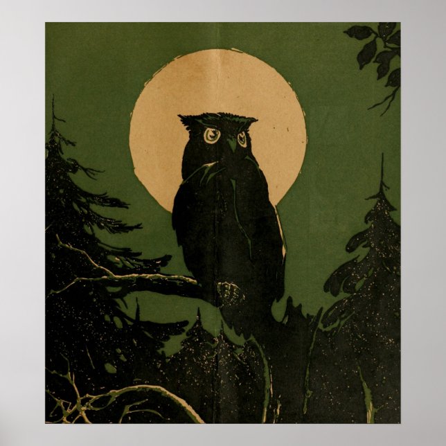 Poster Vintage Owl na Lua das Bruxas (Frente)
