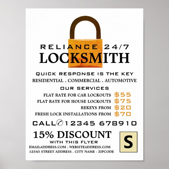 Poster Vintage Padlock, Locksmith Advertising (Frente)