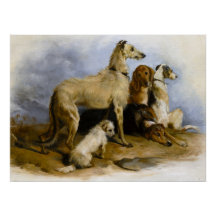 Vintage painting of five cute dogs