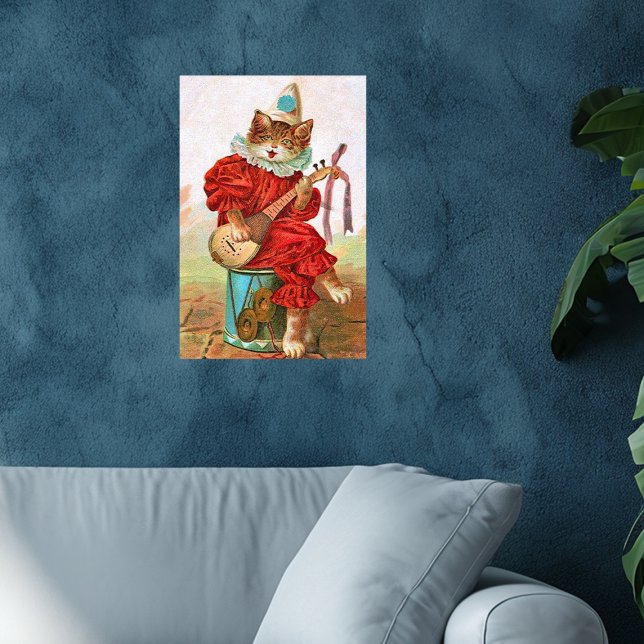 Pôster Vintage Palhaço Músico do Jester Cat Mandolin (Cat dressed in red jester outfit sitting on drum playing mandolin on wall art poster.)