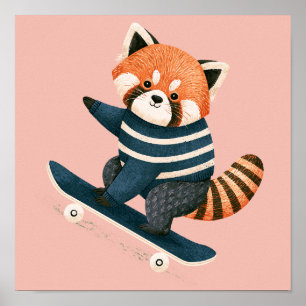 Poster Vintage Panda Vermelho Fofo Esquilo Patinando