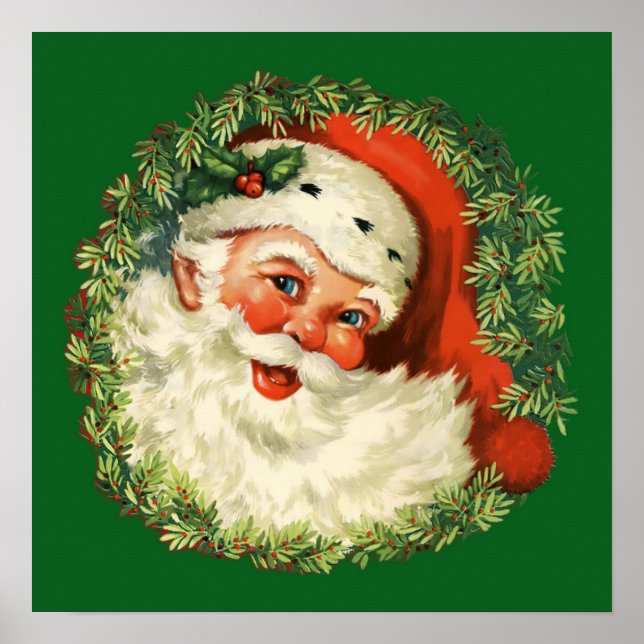Poster Vintage Papai Noel com Pine Wreath (Frente)