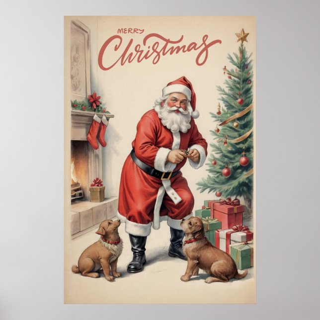 Poster Vintage Papai Noel E Cães Feliz Natal (Frente)