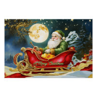 Vintage Papai Noel em Sleigh, Lua cheia, Estrelas