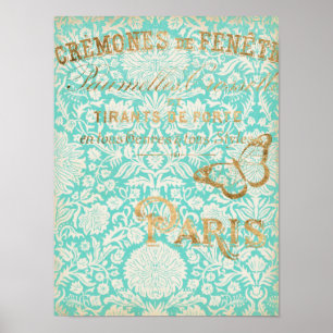 Poster Vintage Paris Dourado Design Com Borboleta