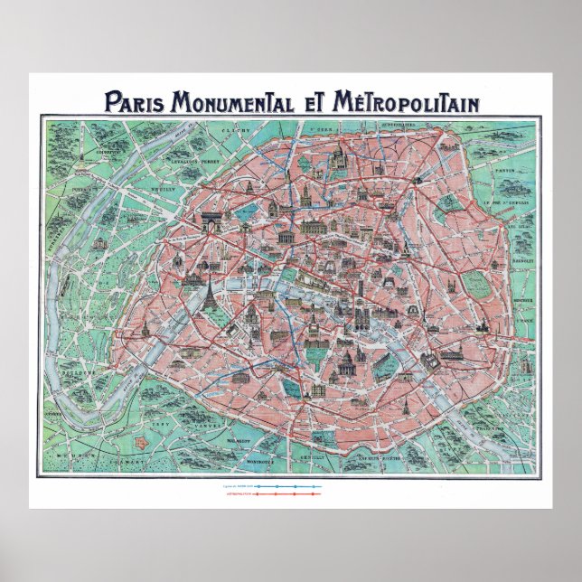 Pôster Vintage Paris França Mapa 1932 (Frente)