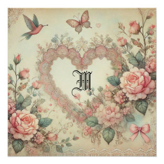 Pôster Vintage Pastel Watercolor Boho Floral Hearts