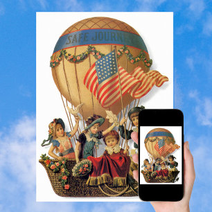 Pôster Vintage Patriotic, Crianças num Balão de Ar Quente