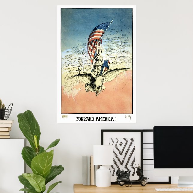 Pôster Vintage Patriotic, Lady, Águia com Bandeira Americ (Escritório em casa)