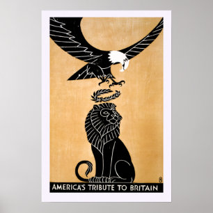 Poster Vintage Patriotic Lion e Eagle Grã-Bretanha Améric
