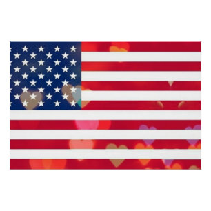 Pôster Vintage Patriotic USA Flag com corações coloridos