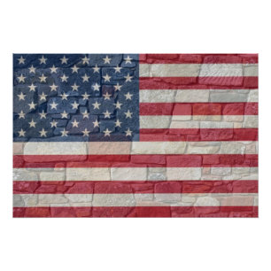 Pôster Vintage Patriotic USA Flag em Stone Wall