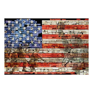 Pôster Vintage Patriotic USA Flag em Stone Wall