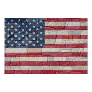 Pôster Vintage Patriotic USA Flag em Stone Wall