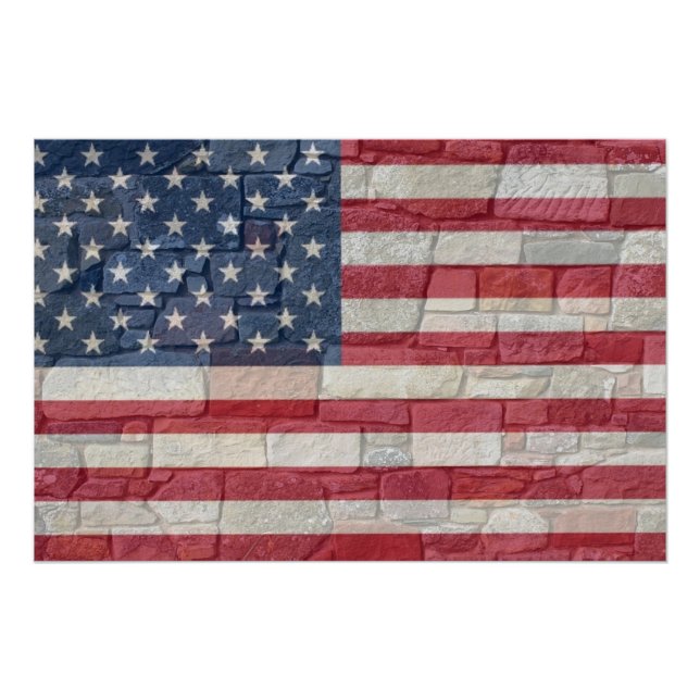 Pôster Vintage Patriotic USA Flag em Stone Wall (Frente)