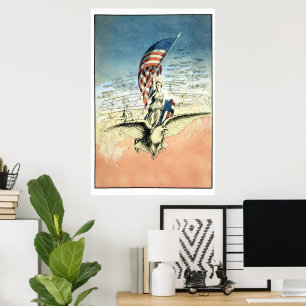 Pôster Vintage Patriótico, Senhora, Águia com Bandeira Am