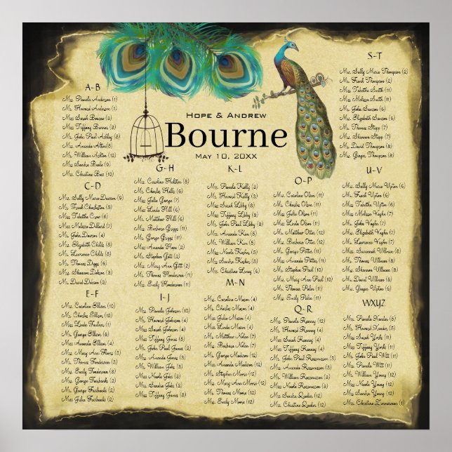 Poster Vintage Peacock Seating Chart Máx. 150 convidados (Frente)
