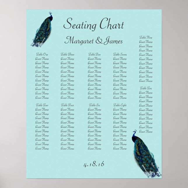 Pôster Vintage Peacocks Aqua Seating Chart (Frente)