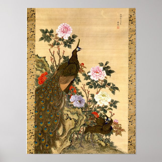 Poster Vintage Peacocks e Peonies Japoneses (Frente)
