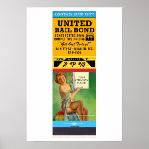 Poster Vintage Pin-Up Matchbook United Bail Bond