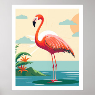 Poster Vintage Pink Flamingo na praia
