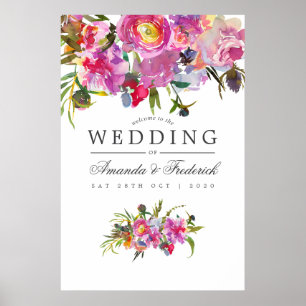 Poster Vintage Pink Peonies Watercolor Casamento Bem-Vind