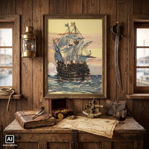 Pôster Vintage Pirate Ship, Galleon Seleando no Oceano