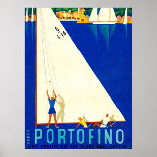 Poster Vintage Portofino Blue Sea White Navio de navegaç