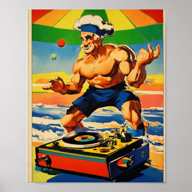 Poster vintage Psychedelic Popeye DJ Turntable (Frente)
