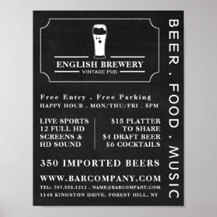 Poster Vintage Pub Chalkboard, Publicidade Pub/Brewery