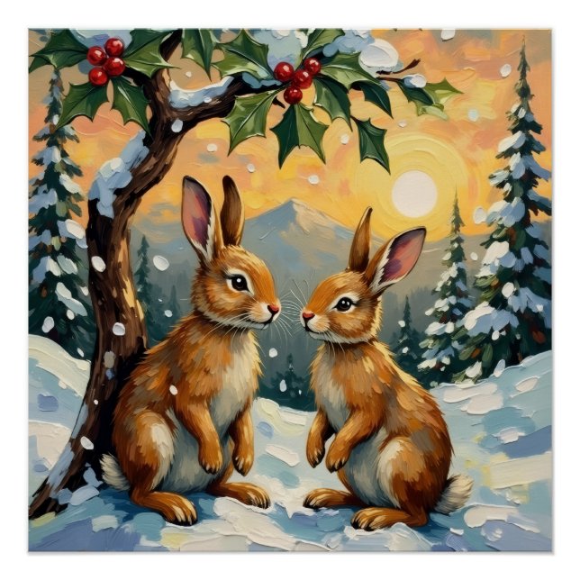Pôster Vintage Rabbits Beneath the Holly Tree Christmas (Frente)