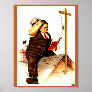 Poster Vintage Radio 1920's Engraçado Man on Roof w/ Ant
