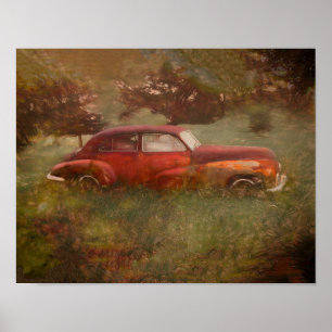 Poster Vintage Red Car Antiguidade Rústica Antiga Arte Re