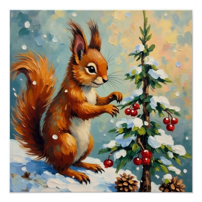 Pôster Vintage Red Squirrel Pine Tree Christmas (Frente)