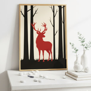 Poster Vintage Red Stag Silhouette na Floresta Natureza