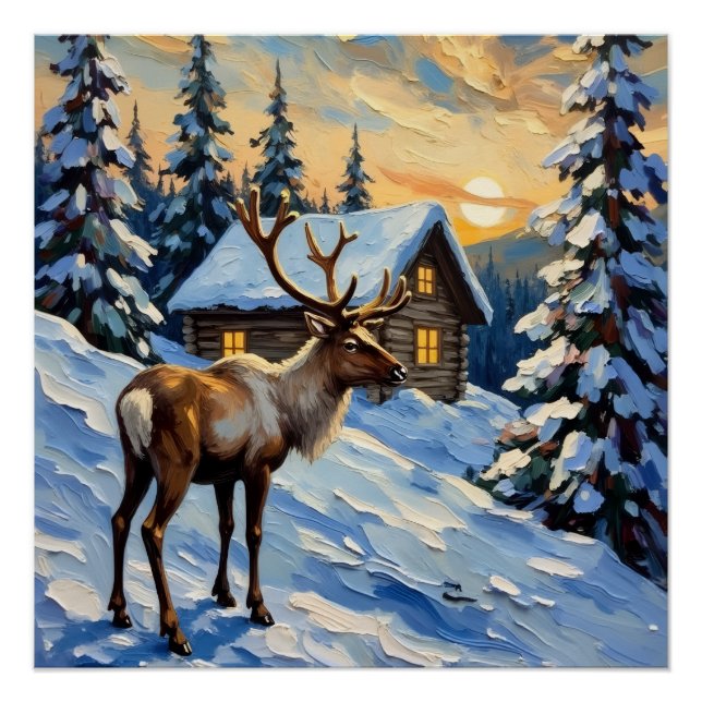 Pôster Vintage Reindeer by Snowy Cabin Christmas Painting (Frente)
