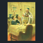 Poster Vintage Religion, Judaism, Lighting the Menorah<br><div class="desc">Vintage illustration religious judaica image featuring a Rabbi lighting the candles on a Menorah during Hanukkah with two children watching.</div>