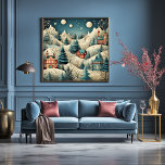 Poster Vintage Retro Christmas Village Pine Tres Snow<br><div class="desc">Linda vintage parece uma poster branca e vermelha mostrando uma adorável vila do lado da montanha. Há montanhas altas cobertas de neve,  pinheiros e casas quentes. Conteúdo genérico</div>