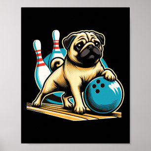 Poster Vintage Retro Dog Pug Playing Boliche