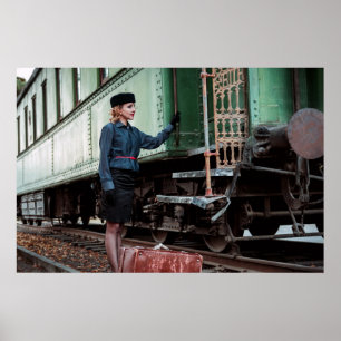 Poster Vintage retro mulher na estação de trem