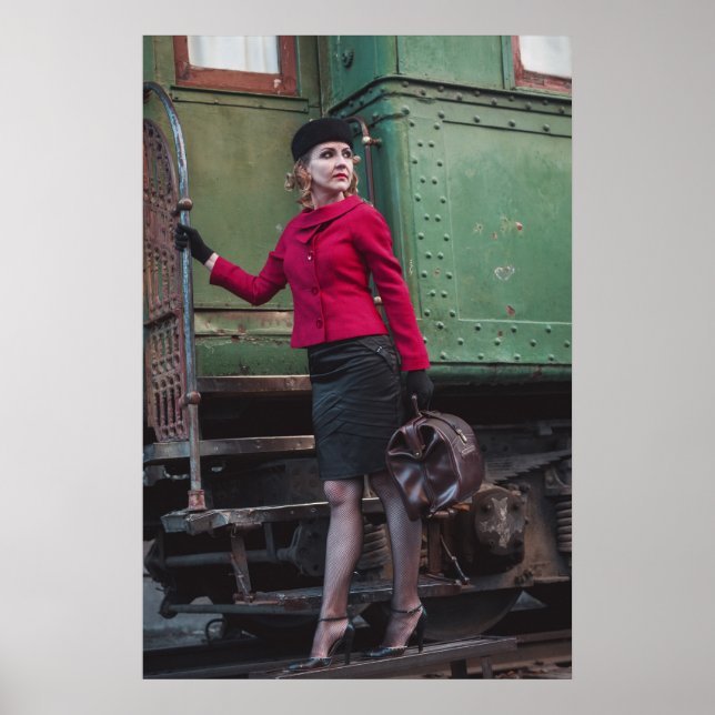 Poster Vintage retro mulher na estação de trem (Frente)