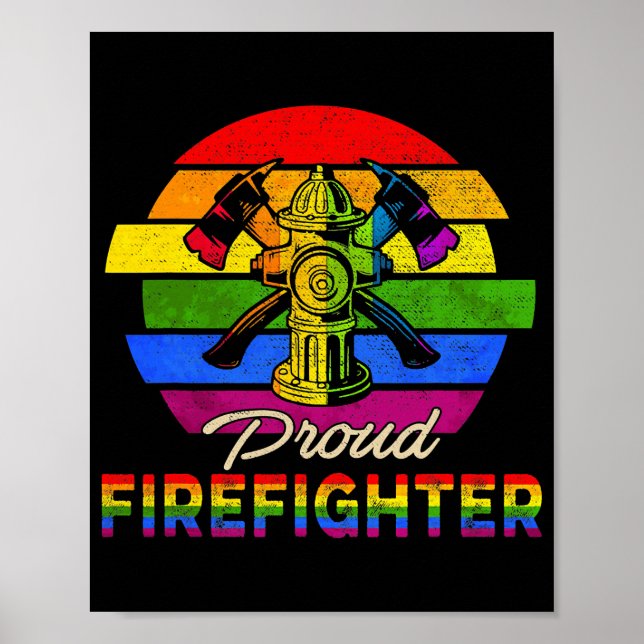 Poster Vintage Retro Proud Firefighter Rainbow Flag (Frente)