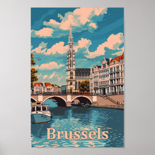Poster Vintage Retro Viagem Illustração Bruxelas Bélgica