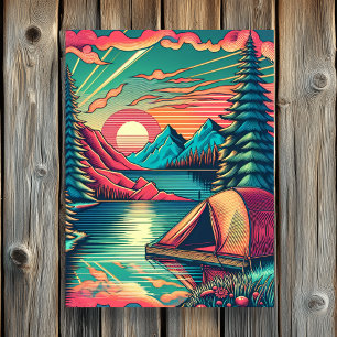 Poster Vintage, Rosa e Teal Camping, considerado