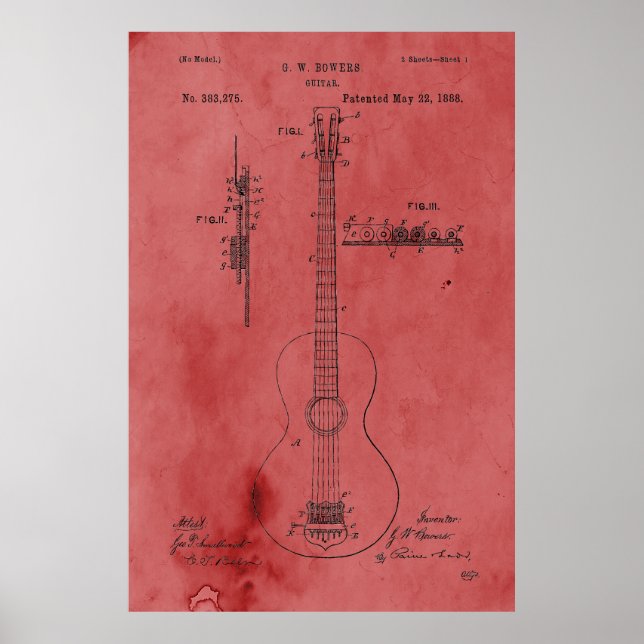 Pôster Vintage Rosa Guitar Patente (Frente)