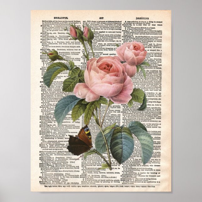 Poster Vintage rose and butterfly dictionary (Frente)