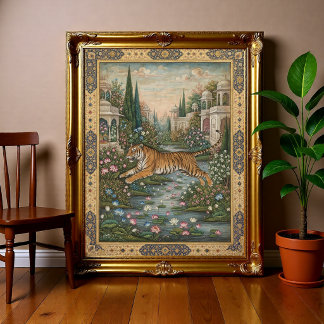Poster Vintage Royal Tiger Mughal Miniatura Indiana