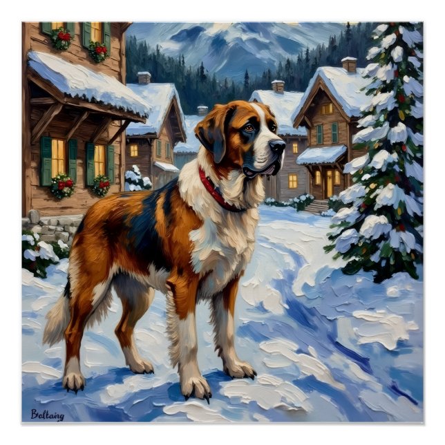 Pôster Vintage Saint Bernard Alpine Christmas Painting (Frente)