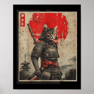 Poster Vintage Samurai Cat Camisetas Gráficas Japonesas M